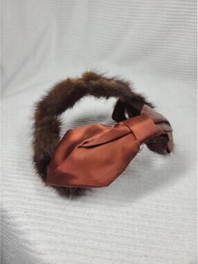 Vintage 1950s Mink Halo Hat Headband Brown Satin Large Bow Pinup Retro Church